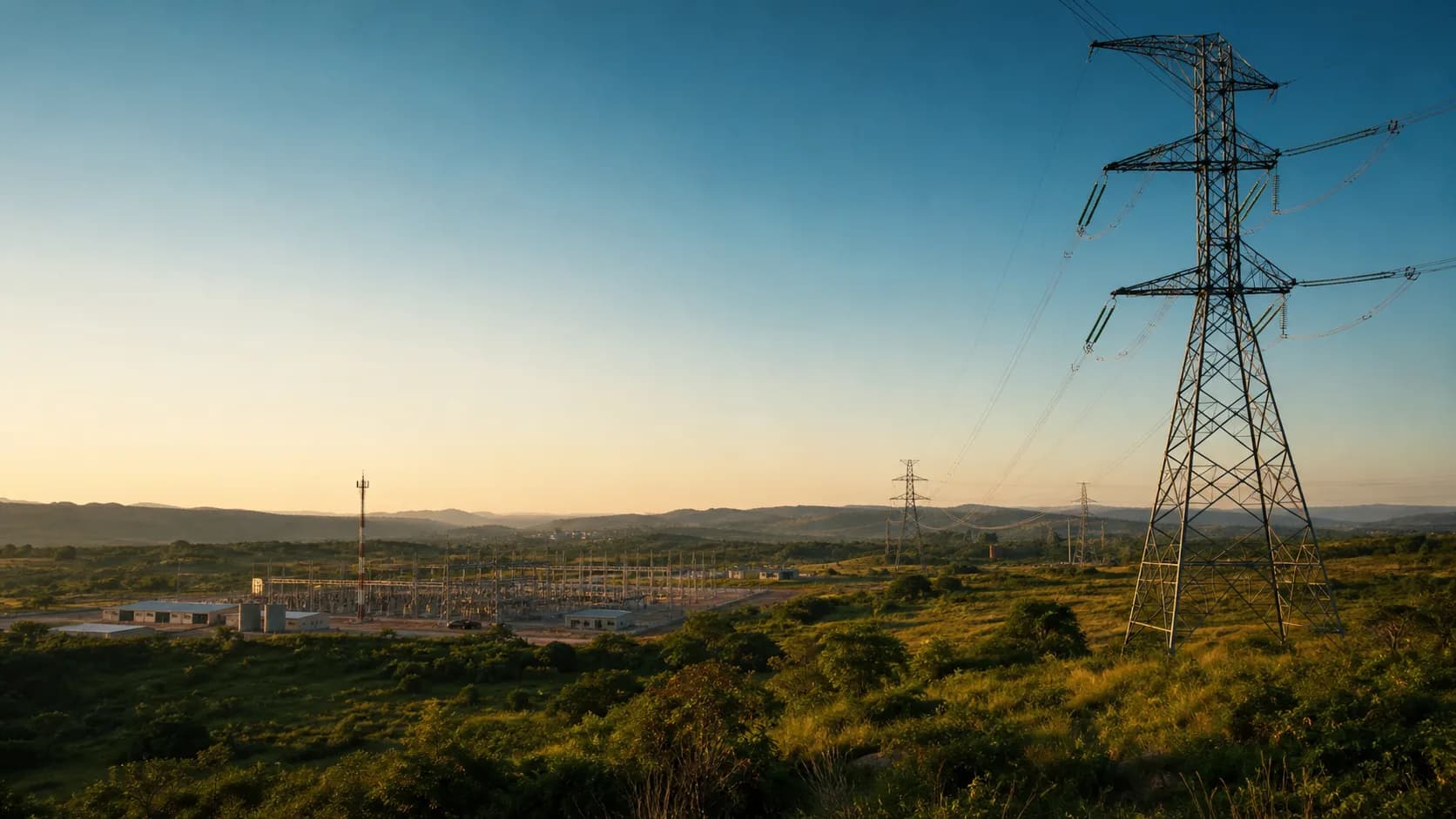 Electricity transmission infrastructure crossing an African landscape